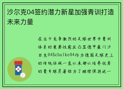 沙尔克04签约潜力新星加强青训打造未来力量